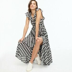 J. Crew Beachwear Gingham Maxi Dress Ruffle Sleeves Button‎ Front XS